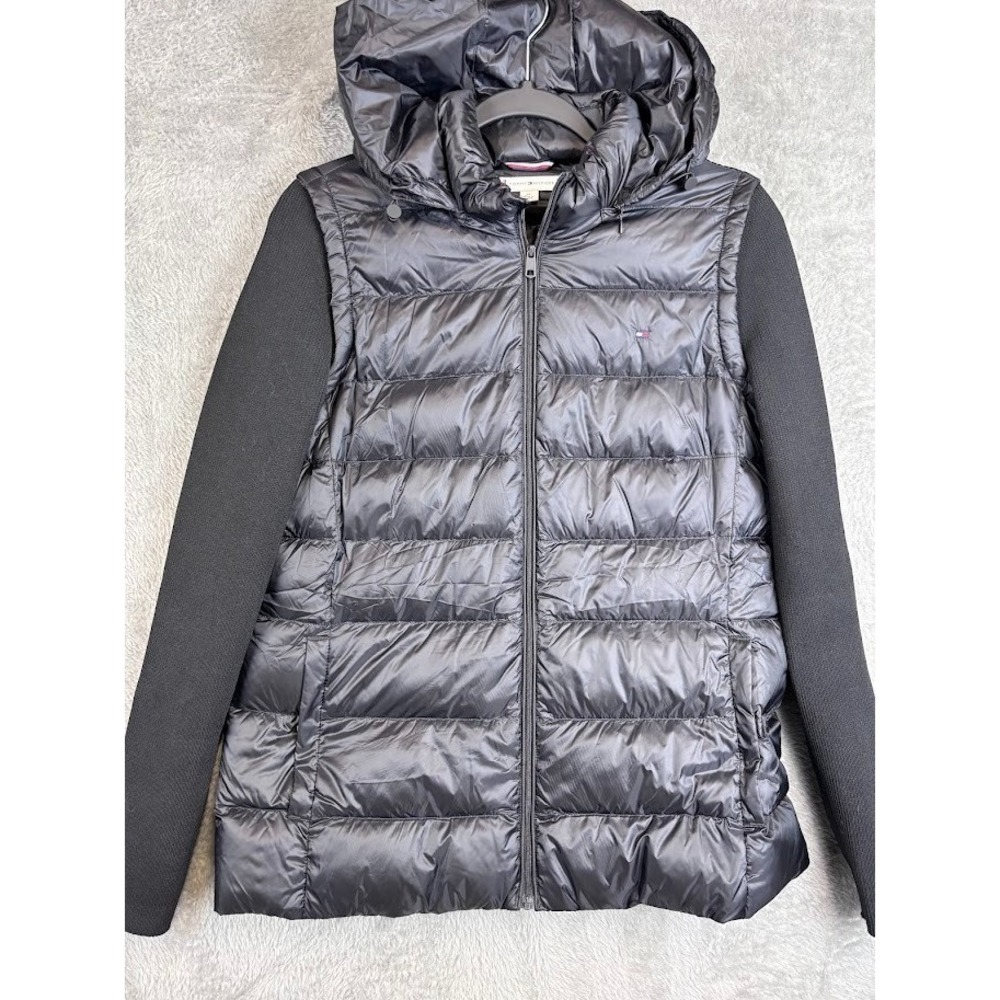 Tommy Hilfiger Women's Black Puffer Vest Hoodie Jacket with Knit Sleeves Size M